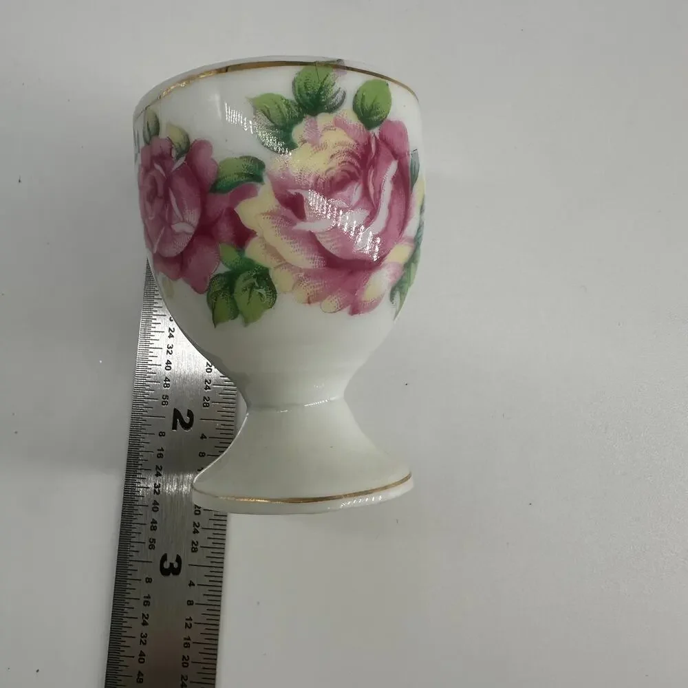 Porcelain Egg Cup Japan Floral Gold Trim Pedestal Small Rose Design Cottagecore